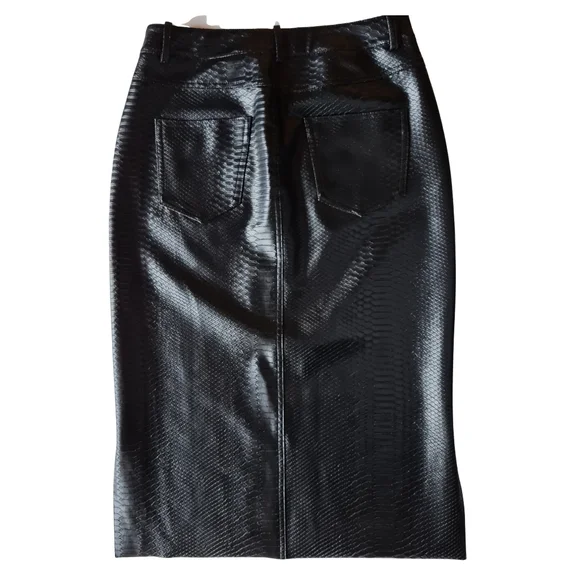 🚨Zara Black Faux Leather Snakeskin Embossed Front Slit Midi Skirt sz US Small - Picture 2 of 10